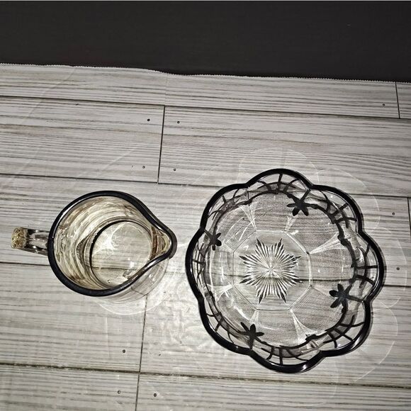 Vintage Clear Glass Silver Overlay Art Nouveau Design Creamer & Sugar Bowl Set - Picture 2 of 8
